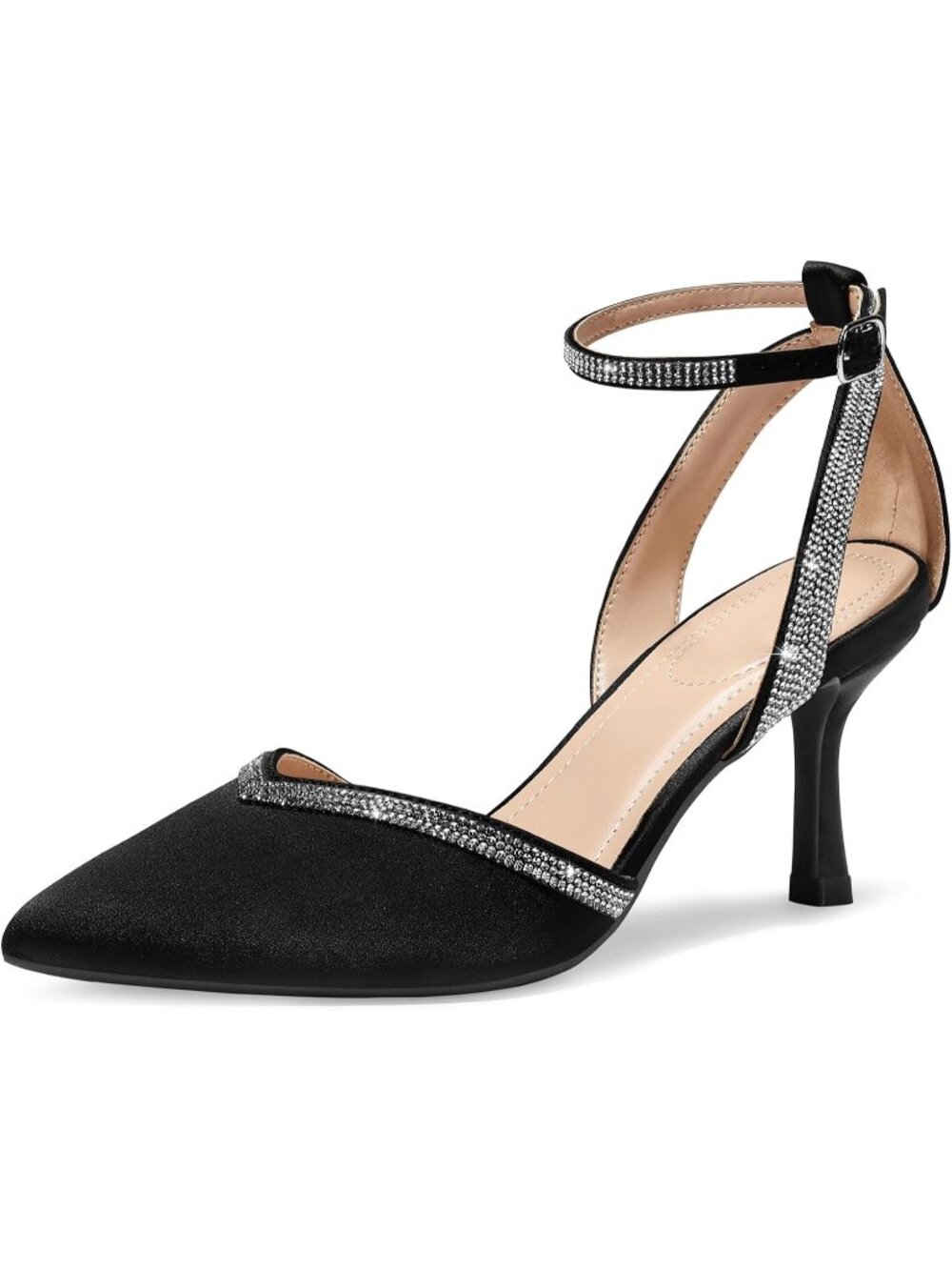 Women's Black Satin Comfortable Closed Toe Adjustable Ankle Strap Kitten Heels